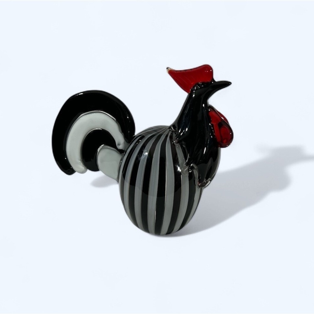 Vintage Lenox Art Glass Rooster Black and White Stripes with Red Accents